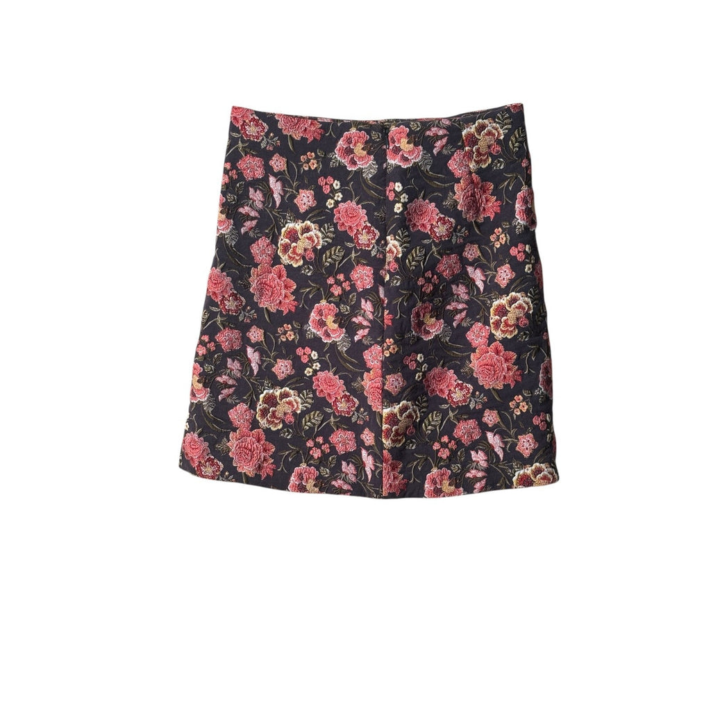 Women’s Floral Jacquard Mini Skirt Black Pink Tapestry Brocade A-Line 0P