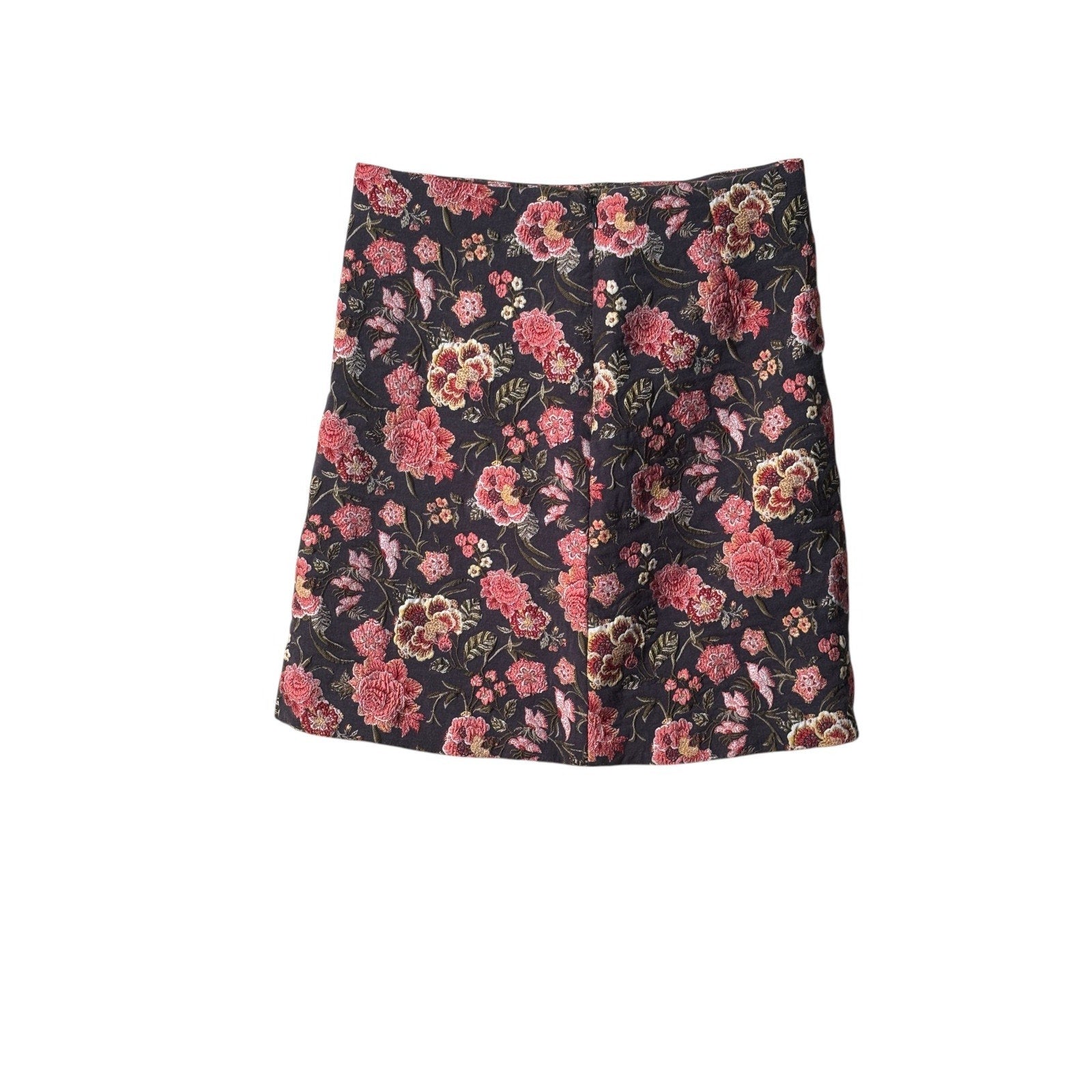 Women’s Floral Jacquard Mini Skirt Black Pink Tapestry Brocade A-Line 0P