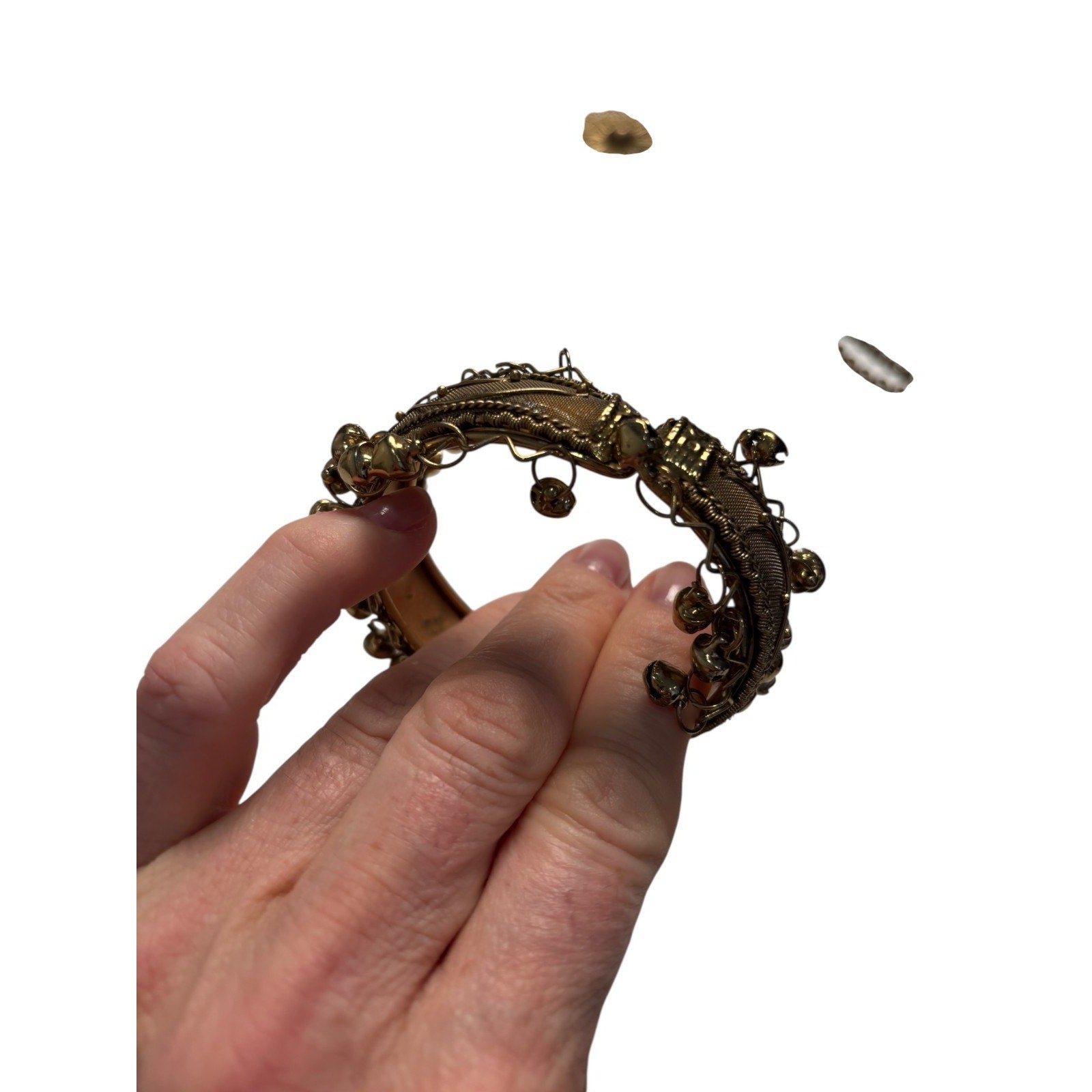 Tribal Boho Cuff Bracelet Gold Tone Jingle Bell Dangle Statement Festival Jewelr