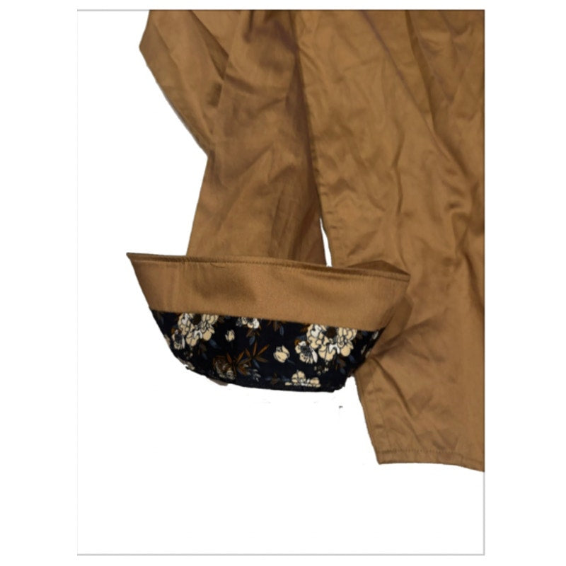 Denim & Flower Ricky Singh XL 44 Satin Button Up Shirt Brown Floral Trim NWT