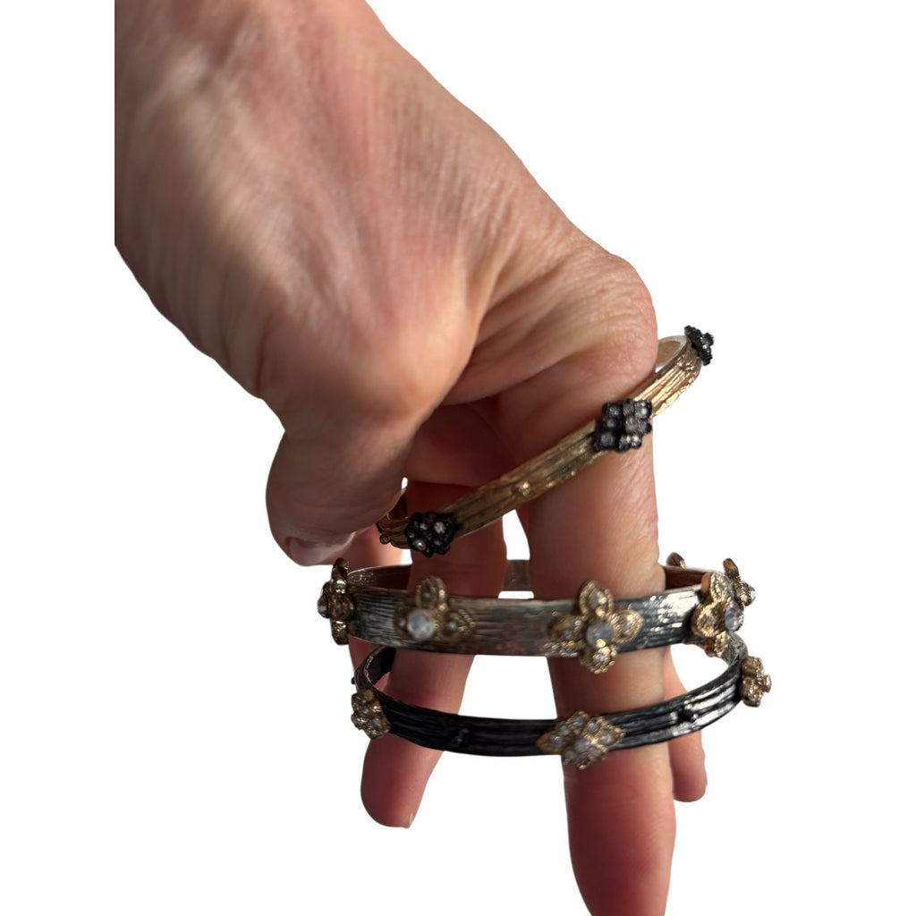 Boho Stacked Bangle Set Mixed Metal Gold Silver Crystal Floral Bracelets Layered