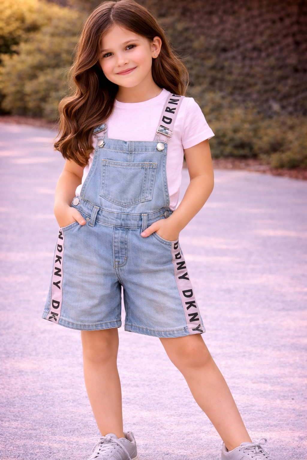 DKNY Girls Denim Shortalls Overalls Logo Tape Light Wash Size 6/8 Small KDS09