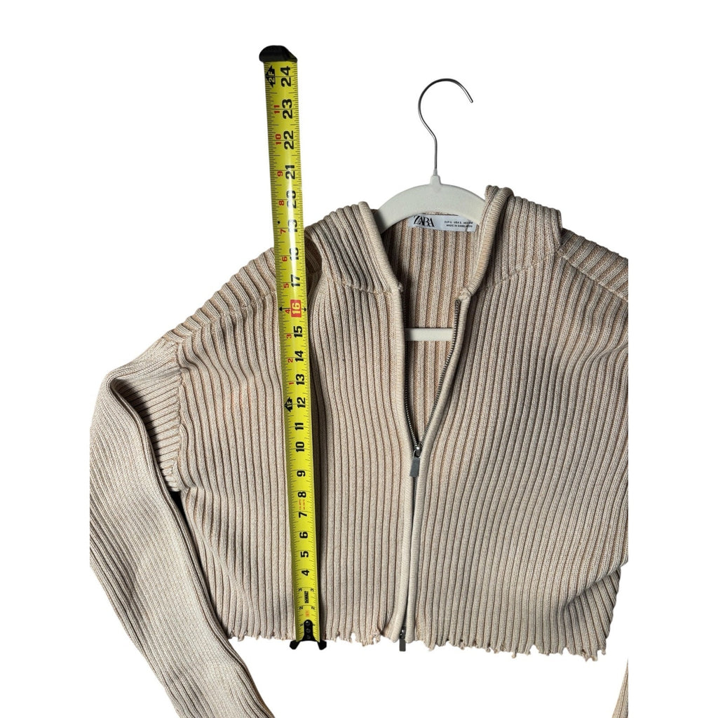 Copied - ZARA Knit Sweater Womens Large Beige Cropped Ribbed Zip Hoodie Cardigan Trendy