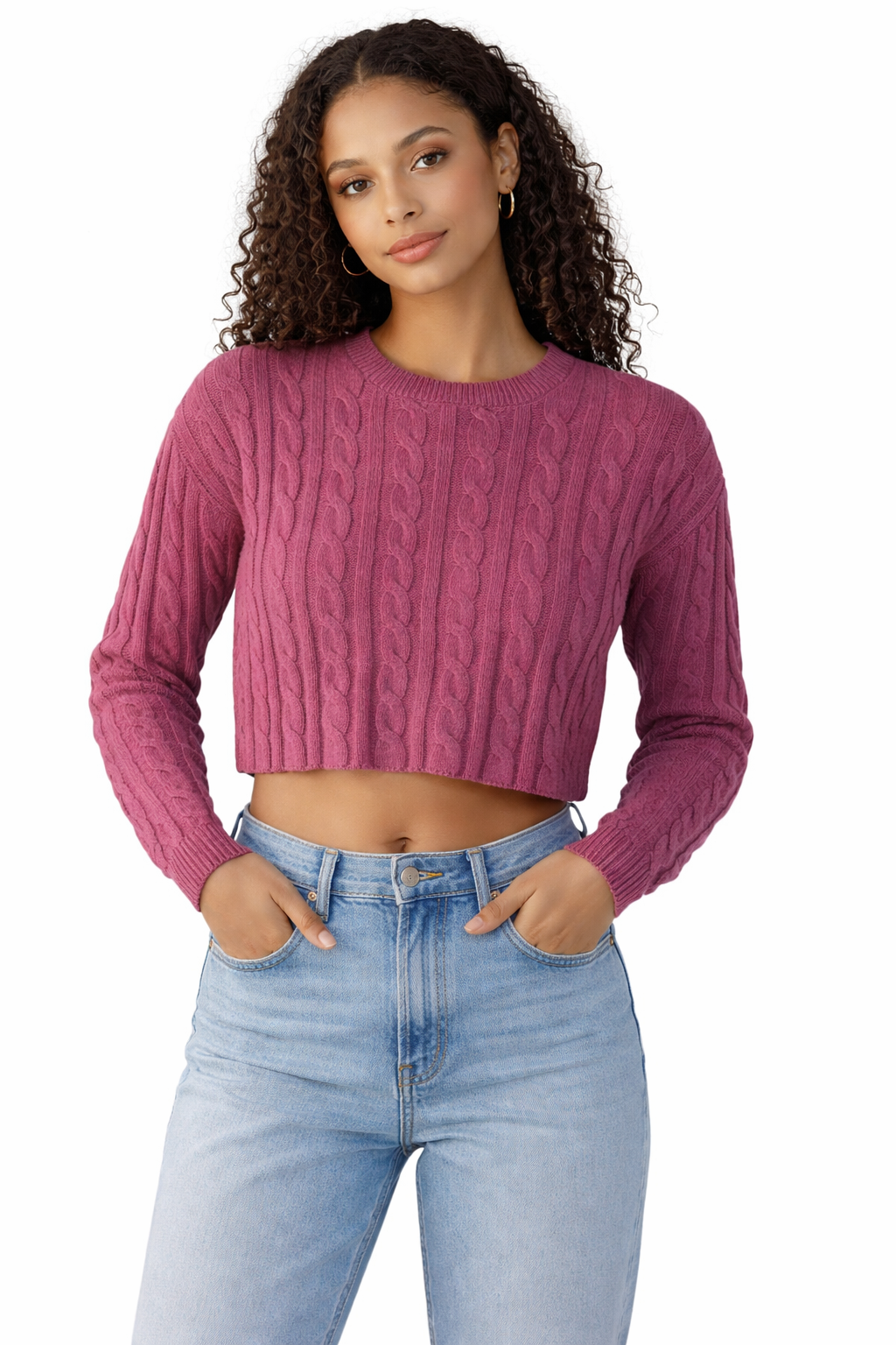 Madewell cable knit sweater in a soft pink tone. Features a chunky knit SWT01