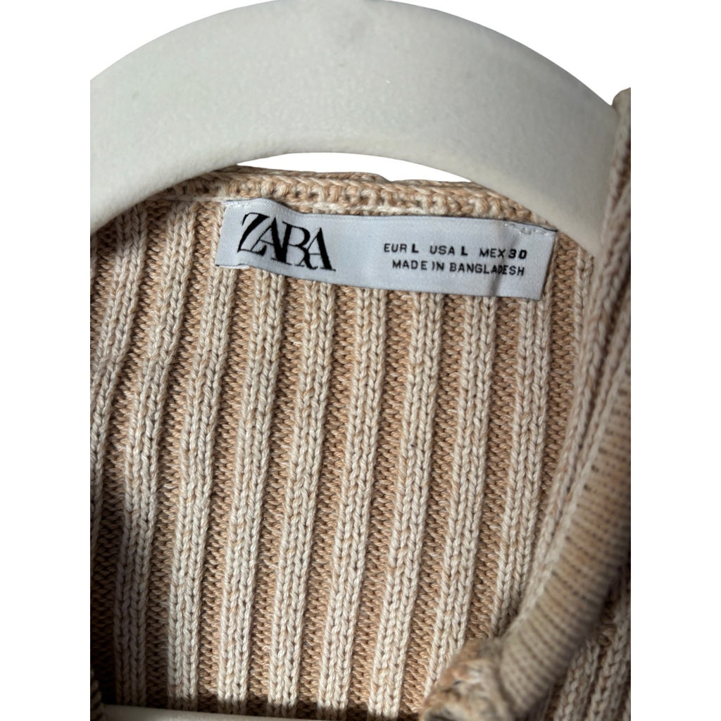 Copied - ZARA Knit Sweater Womens Large Beige Cropped Ribbed Zip Hoodie Cardigan Trendy