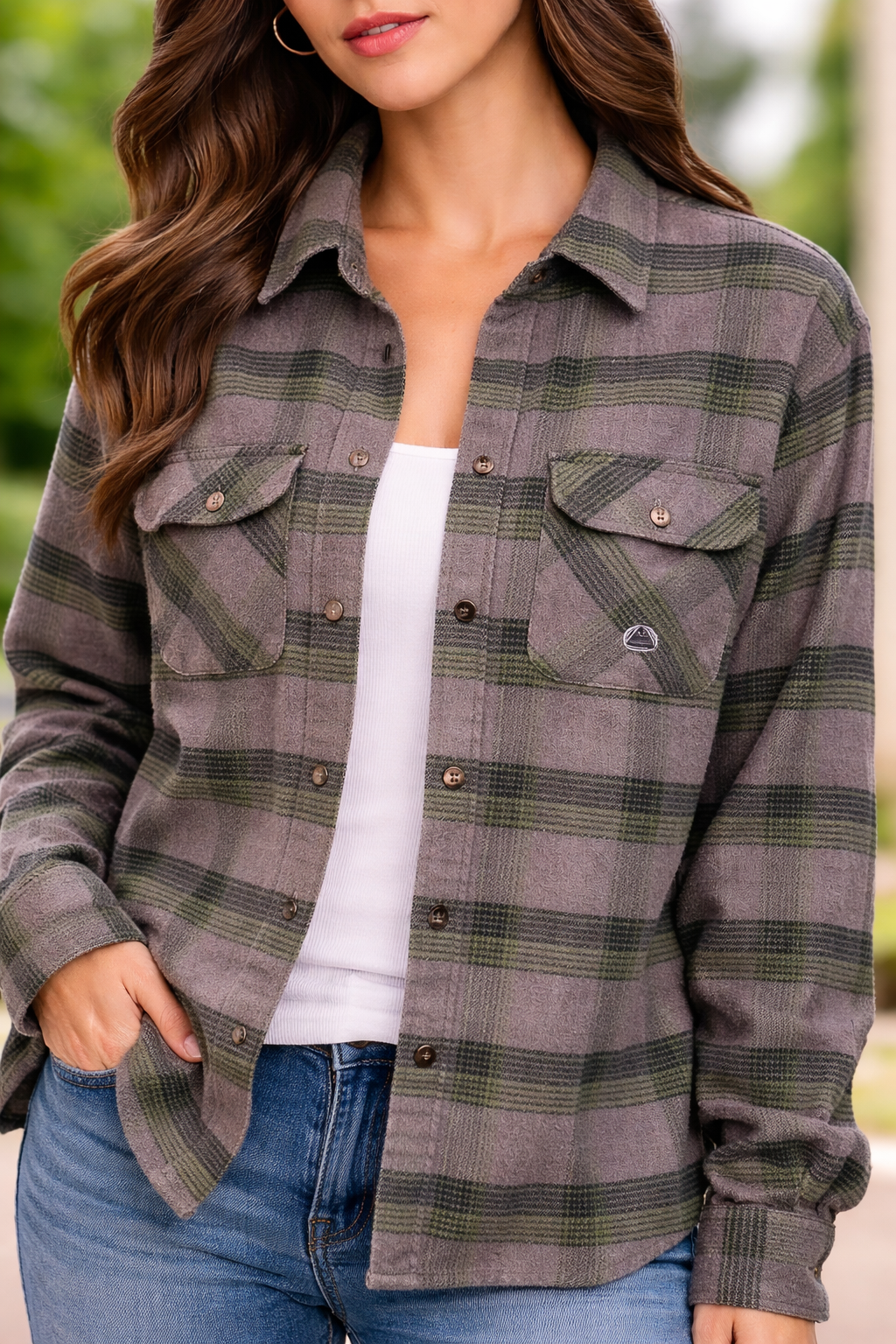First Down USA Mens XL Plaid Flannel Shirt Gray Green Outdoor Hiking Button Up