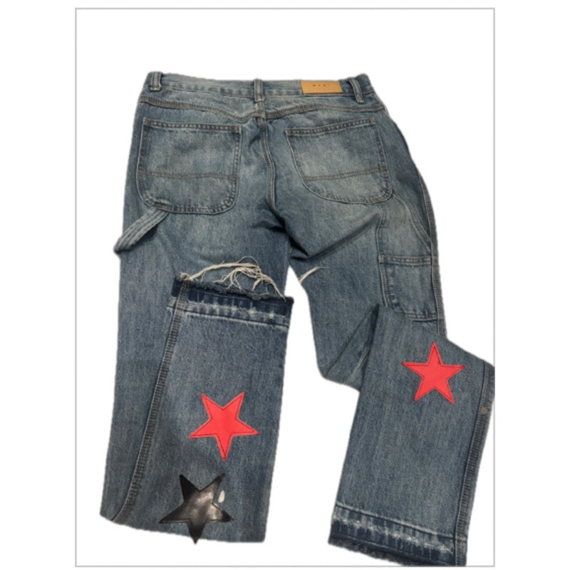 Y2K Star Patch Jeans Wide Leg Distressed Denim Festival Carpenter Pants