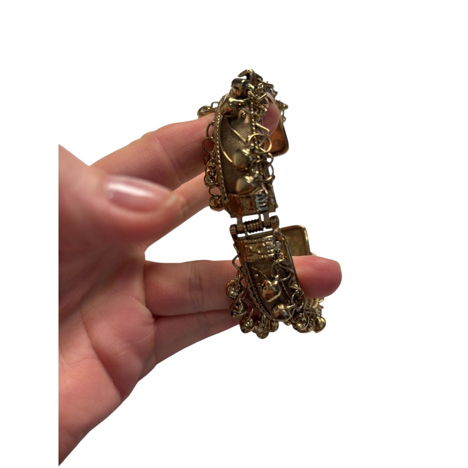 Tribal Boho Cuff Bracelet Gold Tone Jingle Bell Dangle Statement Festival Jewelr