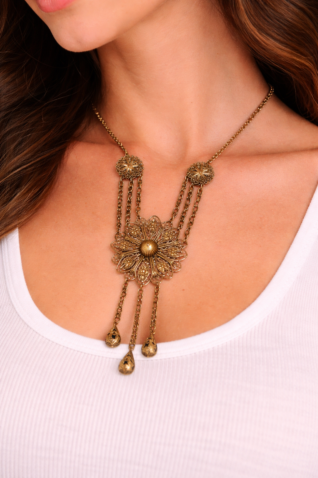 Vintage Style Filigree Necklace Boho Floral Medallion Statement Necklace Antique