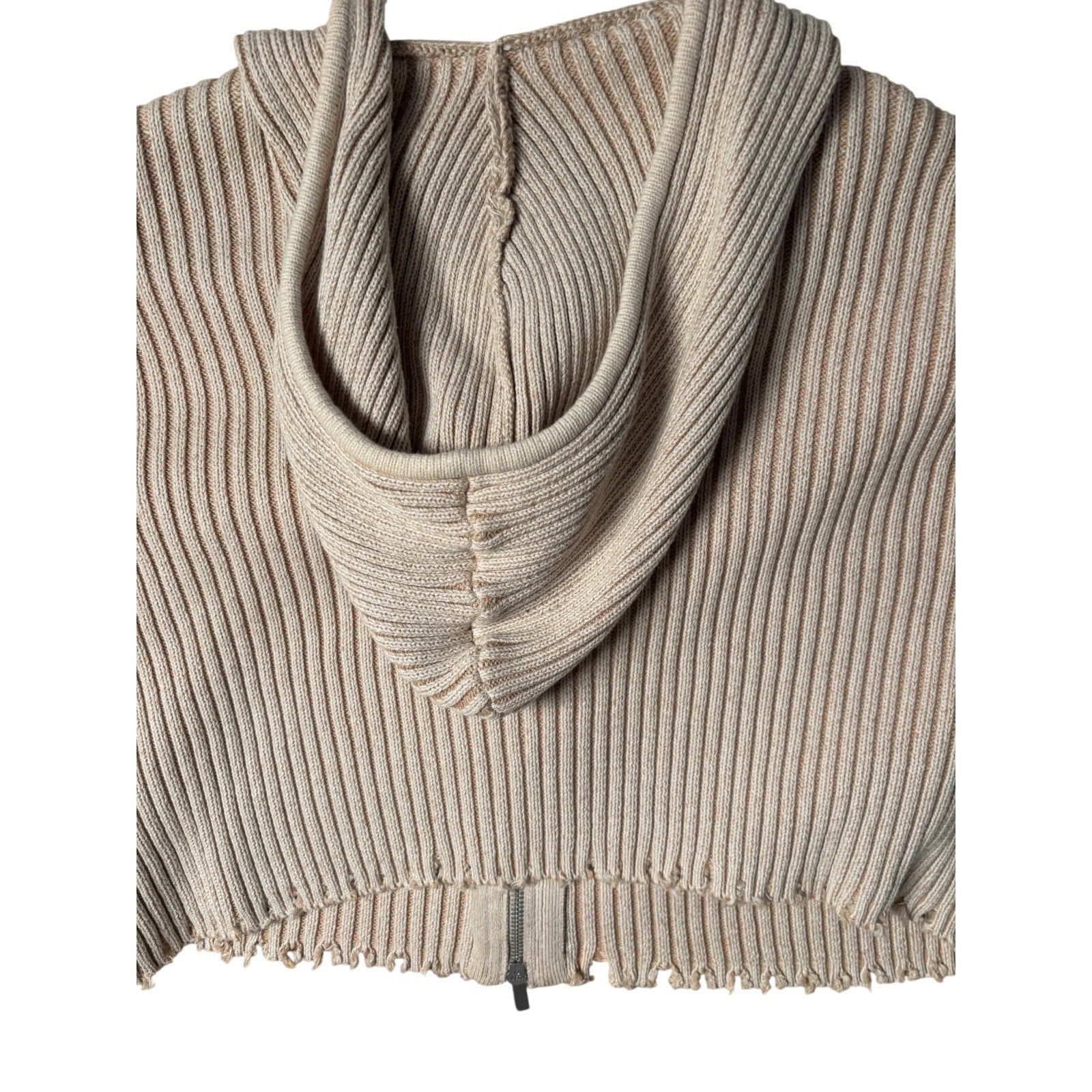 ZARA Knit Sweater Womens Large Beige Cropped Ribbed Zip Hoodie Cardigan Trendy
