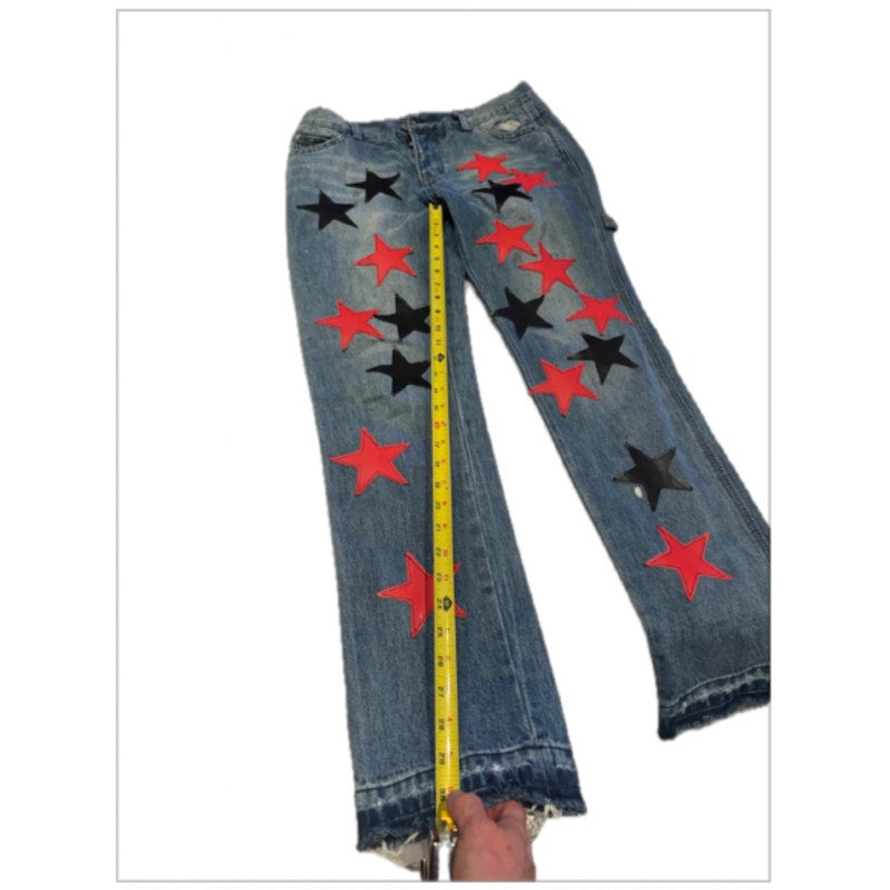 Y2K Star Patch Jeans Wide Leg Distressed Denim Festival Carpenter Pants
