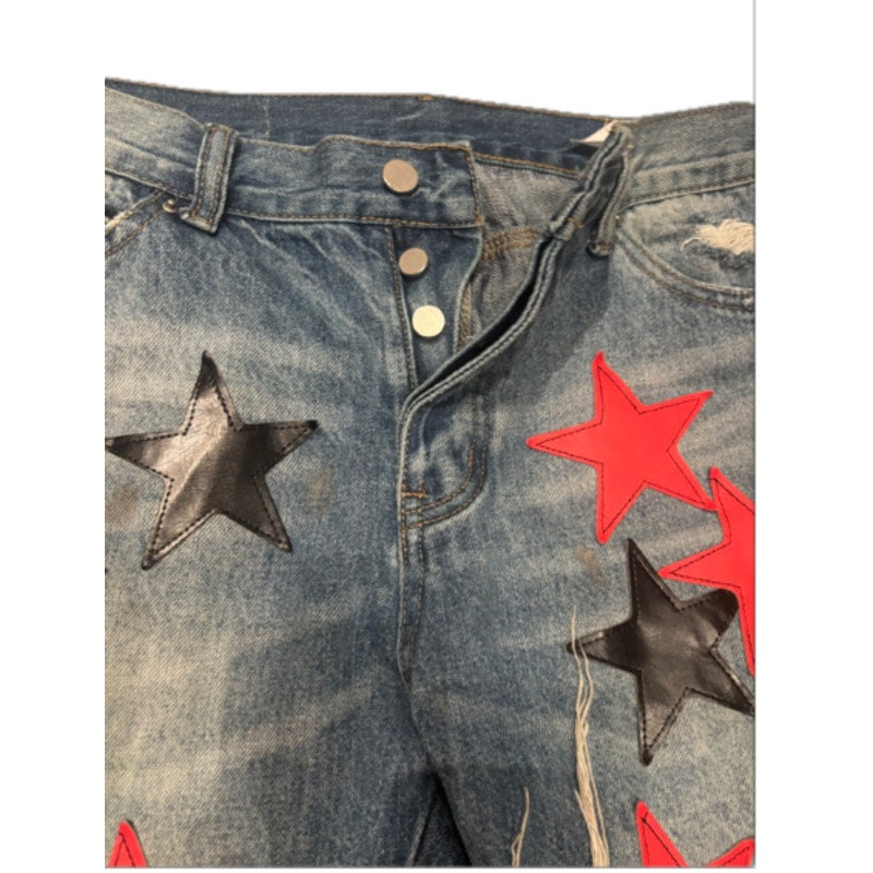 Y2K Star Patch Jeans Wide Leg Distressed Denim Festival Carpenter Pants
