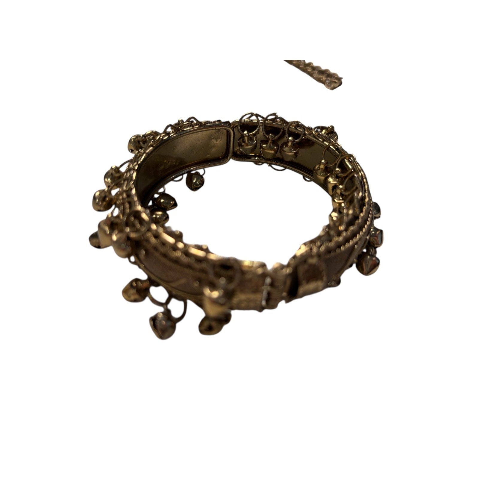 Tribal Boho Cuff Bracelet Gold Tone Jingle Bell Dangle Statement Festival Jewelr