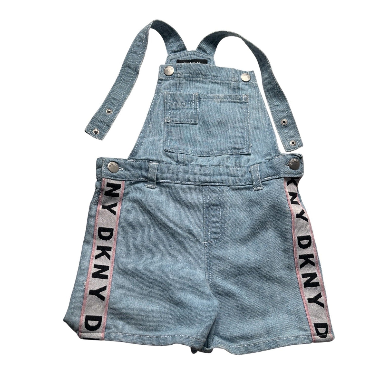 DKNY Girls Denim Shortalls Overalls Logo Tape Light Wash Size 6/8 Small KDS09