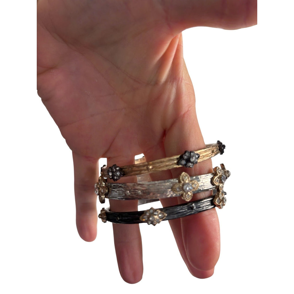 Boho Stacked Bangle Set Mixed Metal Gold Silver Crystal Floral Bracelets Layered