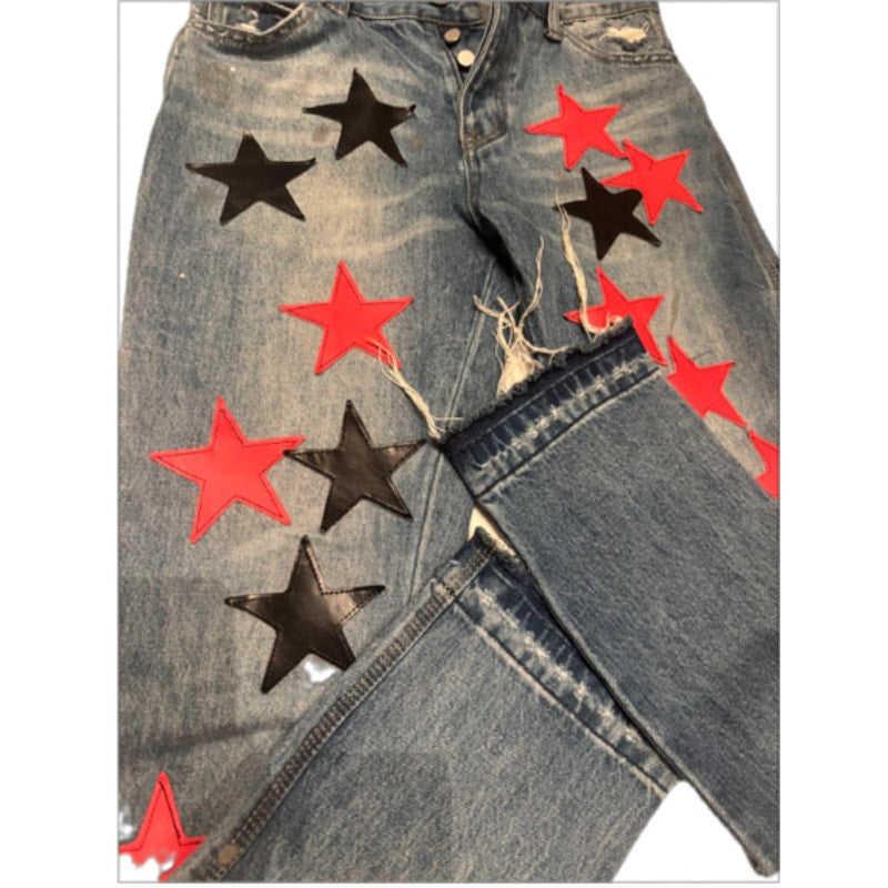 Y2K Star Patch Jeans Wide Leg Distressed Denim Festival Carpenter Pants