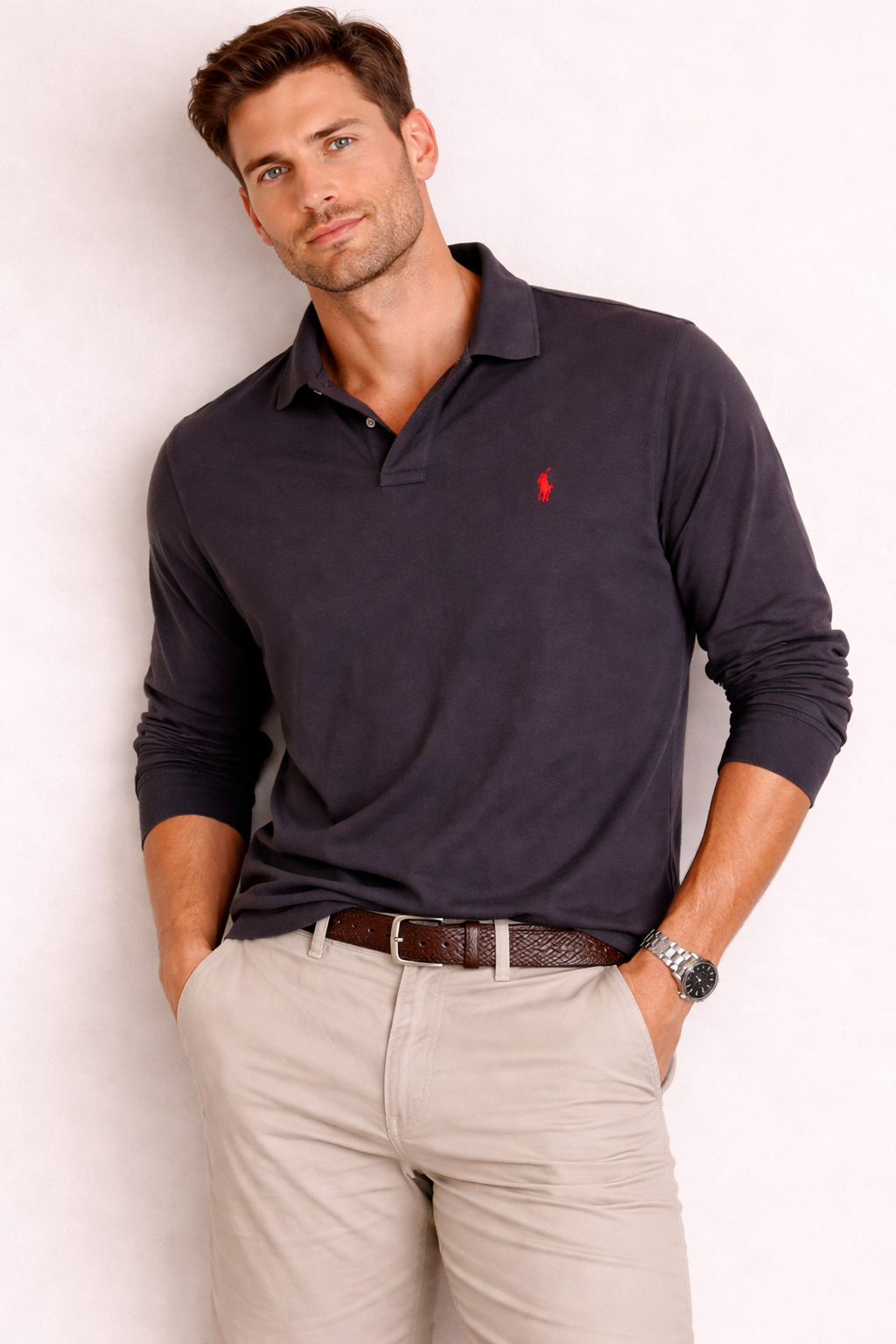 Polo Ralph Lauren Long Sleeve Polo Shirt Men’s Brown Red Pony Logo MN06