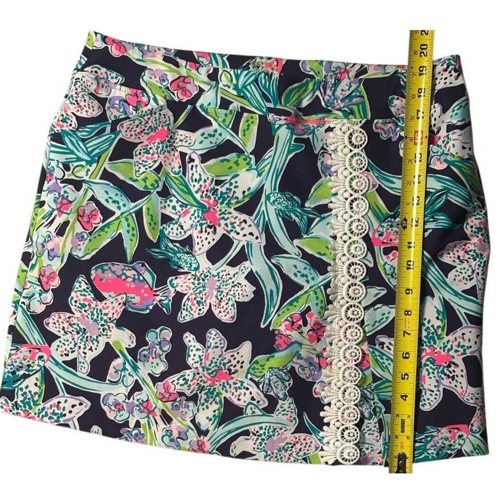 Lilly Pulitzer Floral Lace Trim Skort Women 16 Navy Pink Tropical Mini Ski SKT05