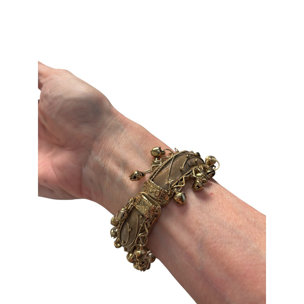 Tribal Boho Cuff Bracelet Gold Tone Jingle Bell Dangle Statement Festival Jewelr