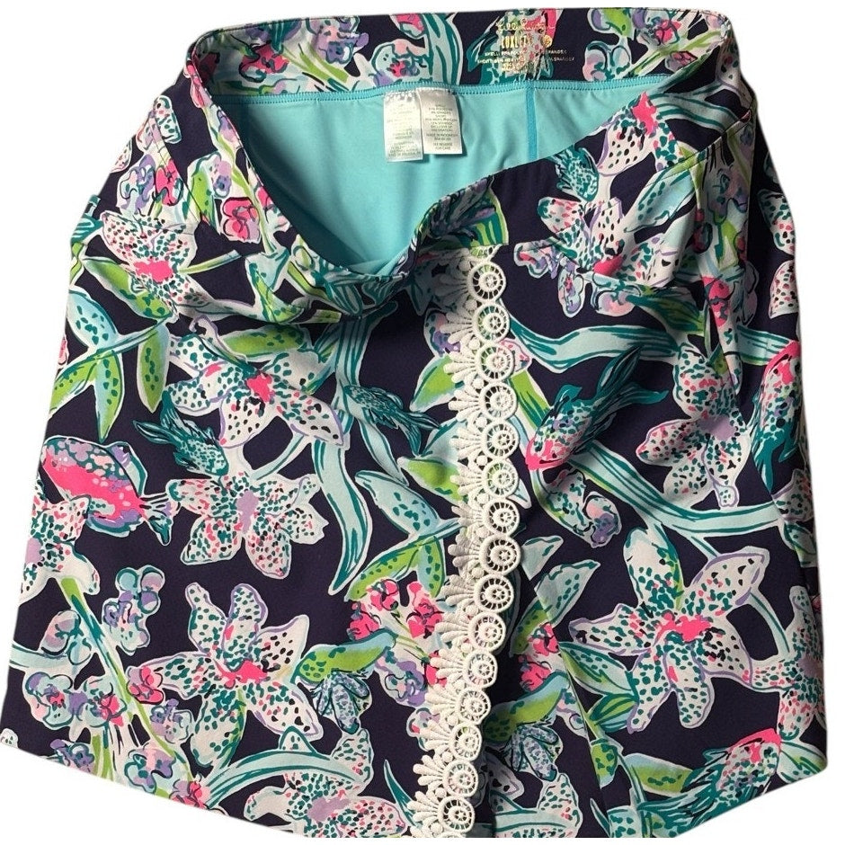 Lilly Pulitzer Floral Lace Trim Skort Women 16 Navy Pink Tropical Mini Ski SKT05