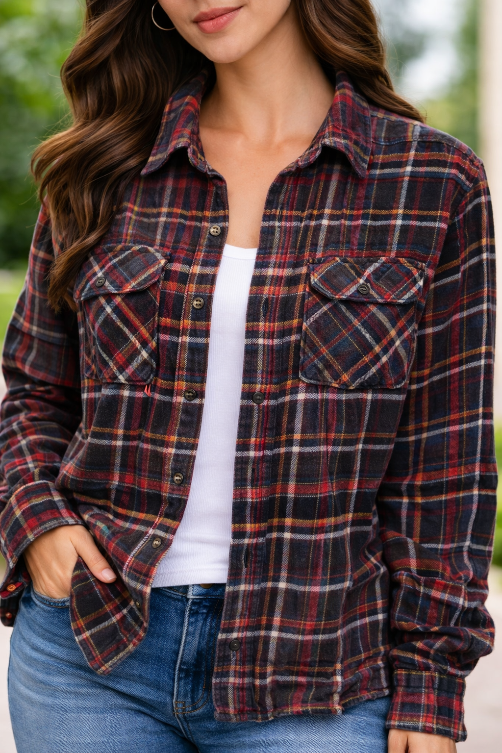 Ruff Hewn Mens XL Plaid Flannel Shirt Red Black Button Front Long Sleeve Cotton