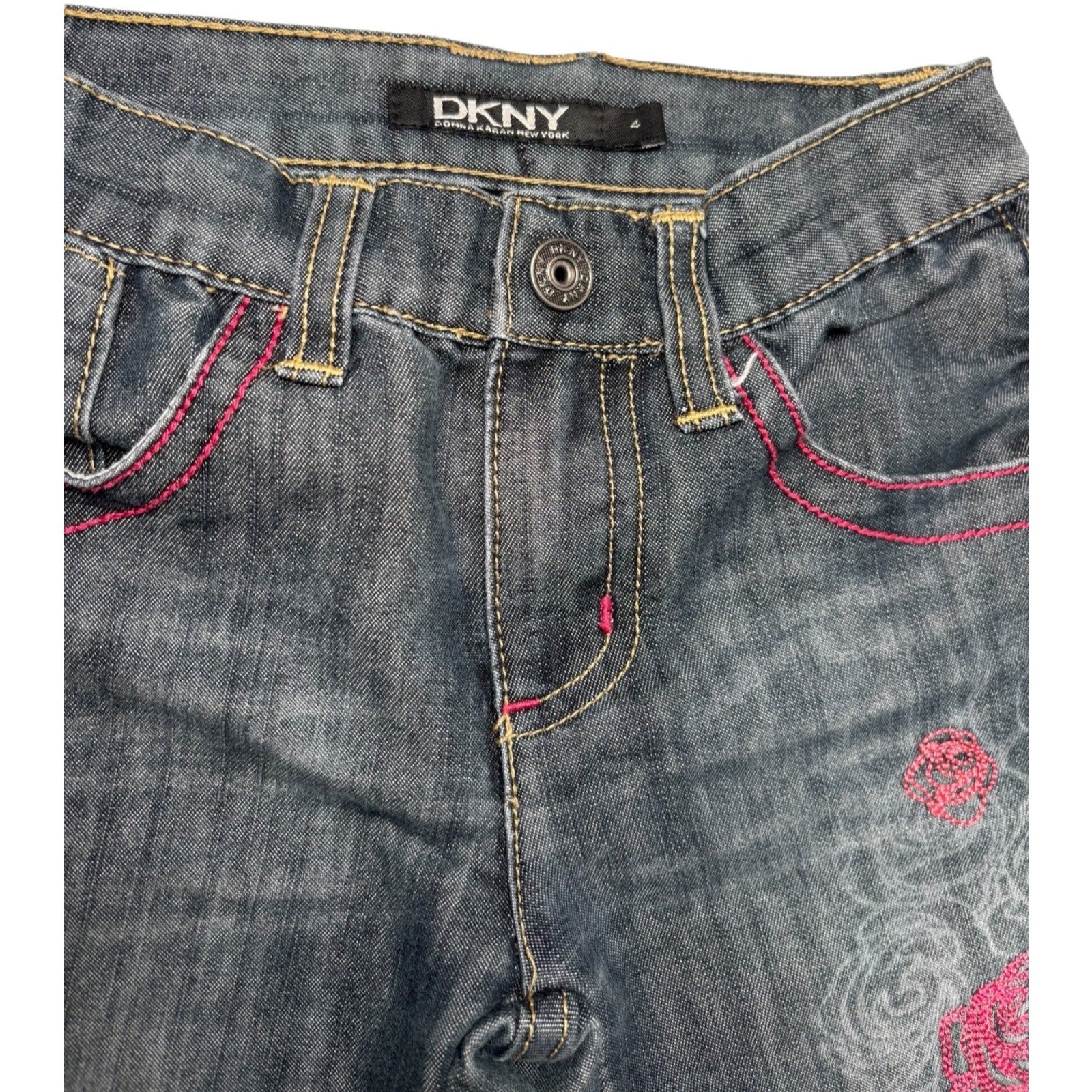 DKNY KIDS Jeans Size 4 Dark Wash Denim Pink Stitch Straight KDS19