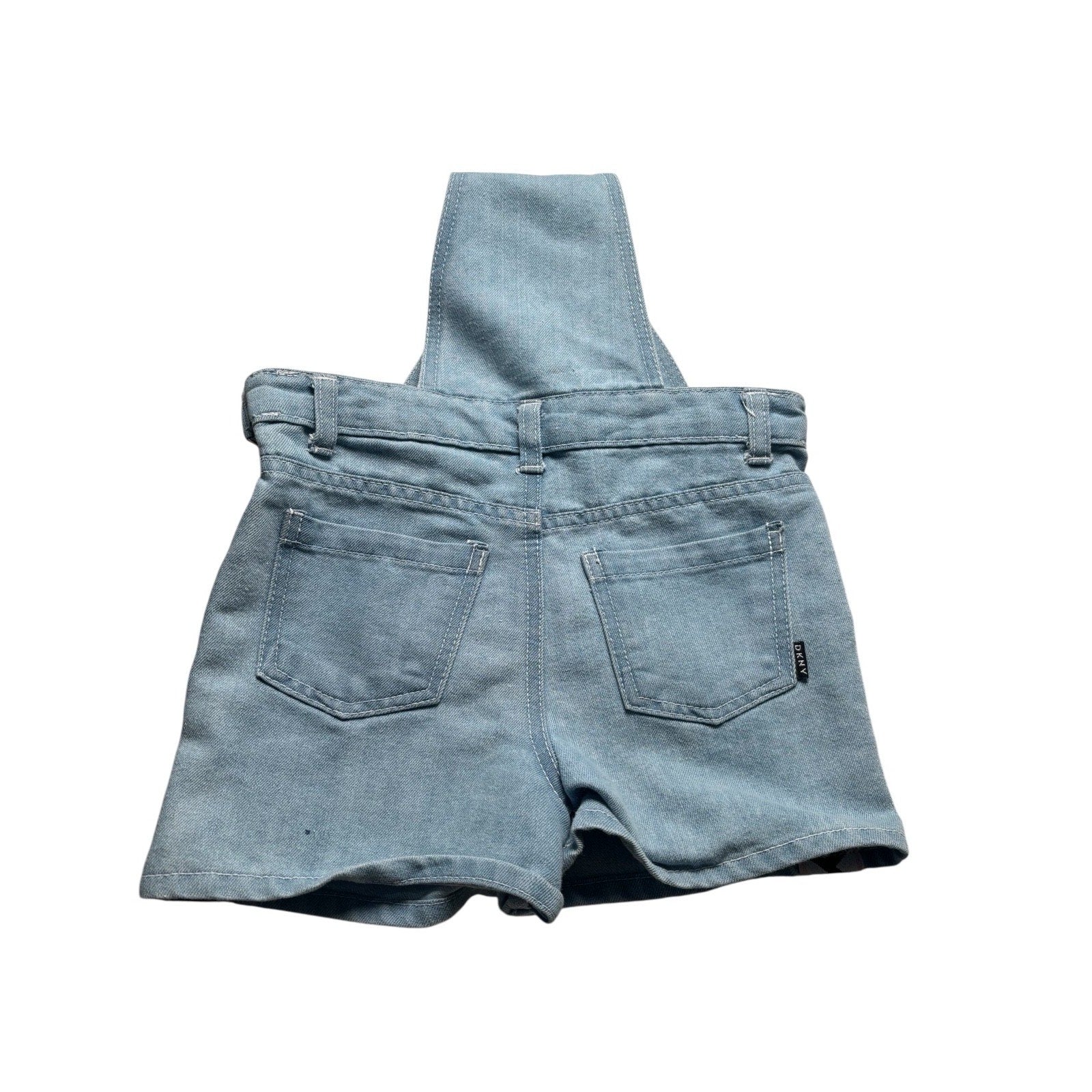 DKNY Girls Denim Shortalls Overalls Logo Tape Light Wash Size 6/8 Small KDS09