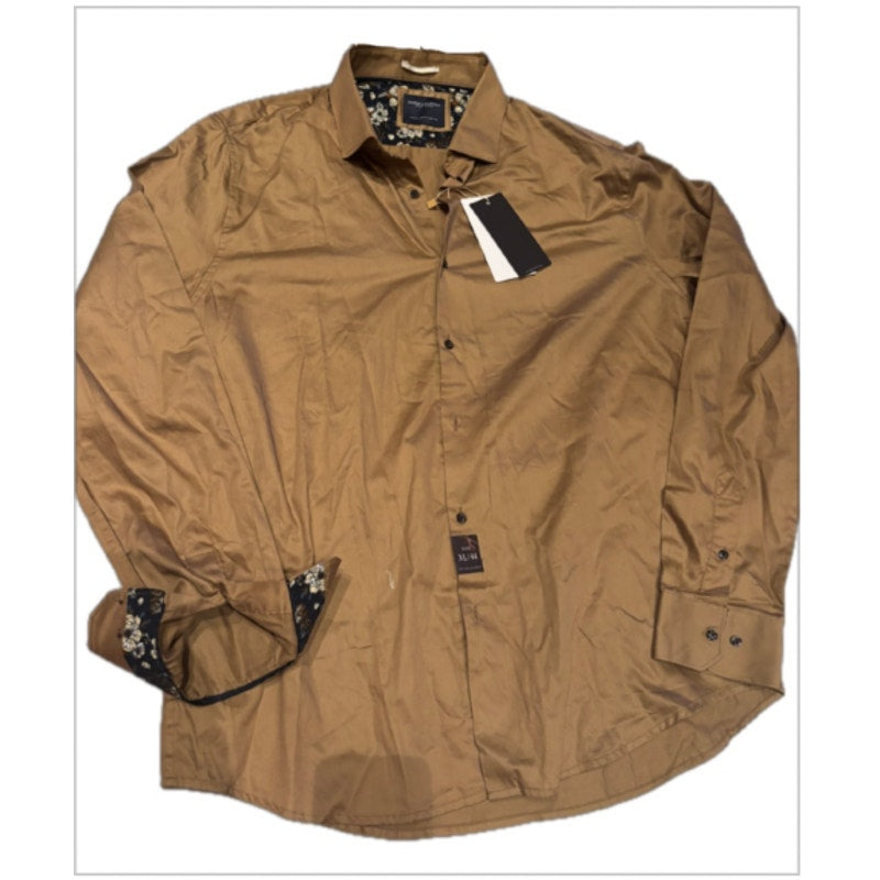 Denim & Flower Ricky Singh XL 44 Satin Button Up Shirt Brown Floral Trim NWT