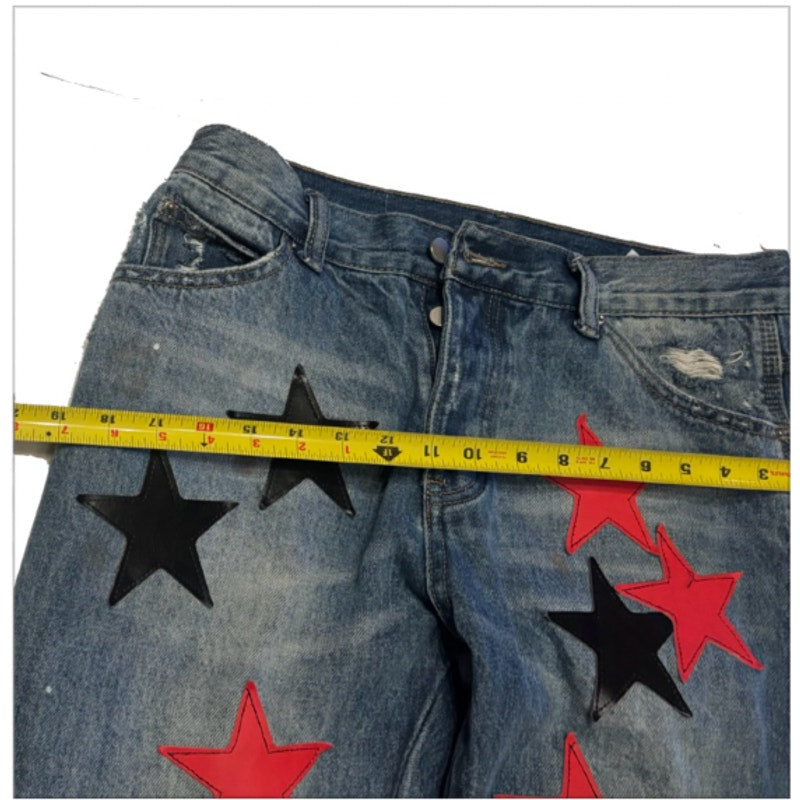 Y2K Star Patch Jeans Wide Leg Distressed Denim Festival Carpenter Pants