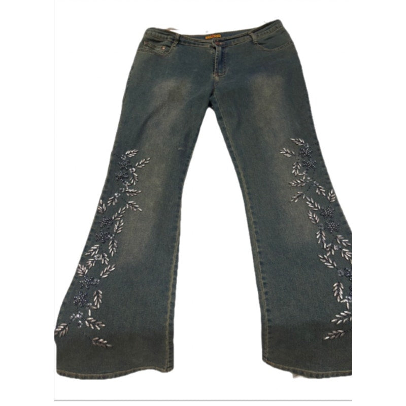 Y2K Vavino Embellished Flare Jeans Womens Boho Floral Denim Pants