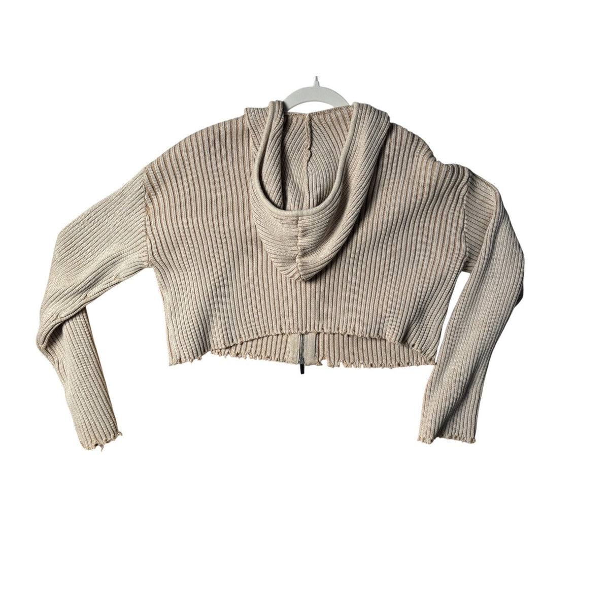 Copied - ZARA Knit Sweater Womens Large Beige Cropped Ribbed Zip Hoodie Cardigan Trendy