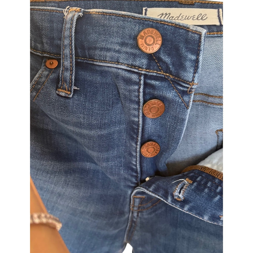 Madewell High Rise Button Fly Distress Md Wash Skinny Denim