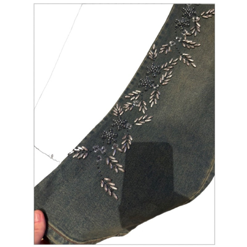 Y2K Vavino Embellished Flare Jeans Womens Boho Floral Denim Pants