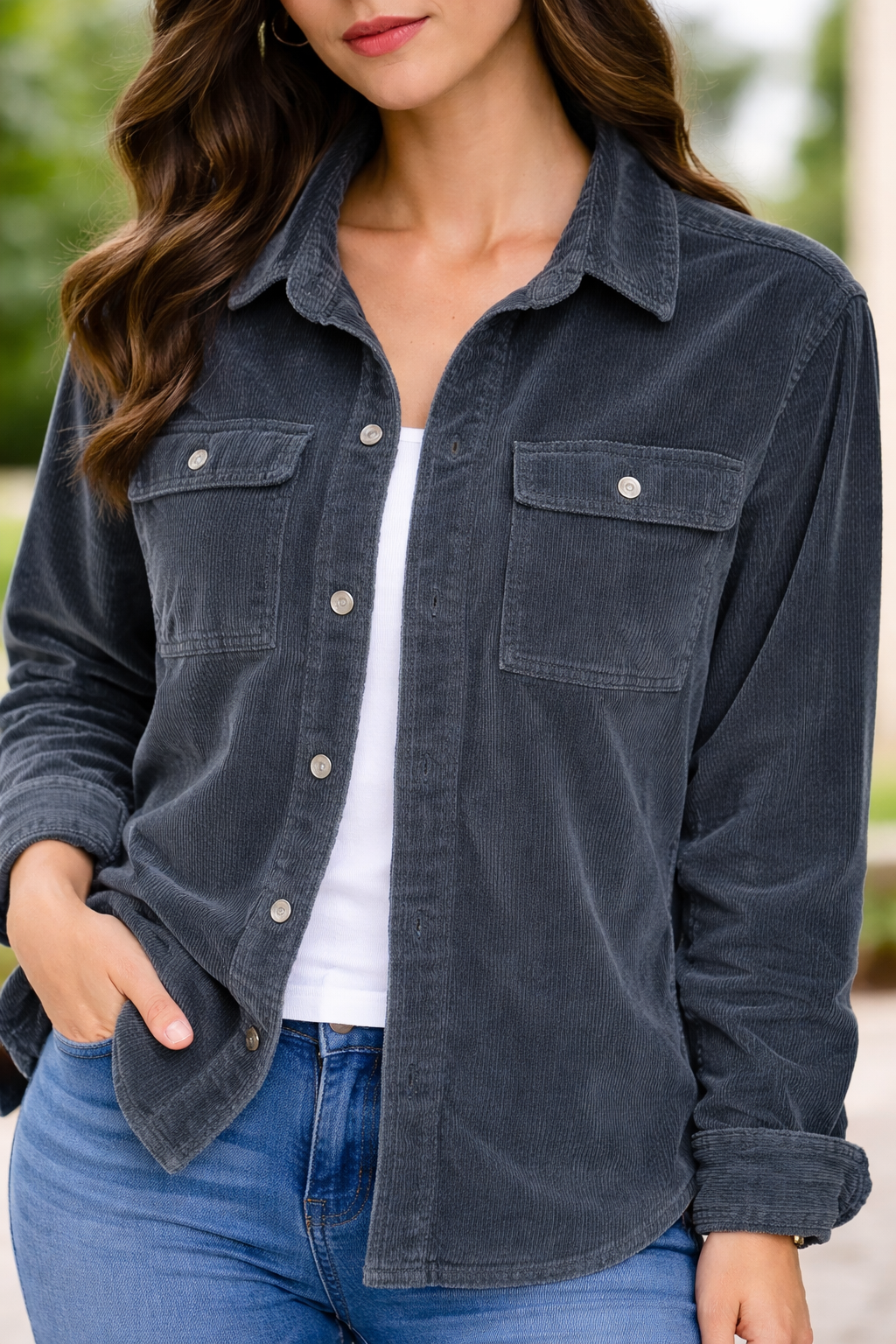 Madewell Womens XS Corduroy Shirt Jacket Blue Button Front Overshirt Utility Top
