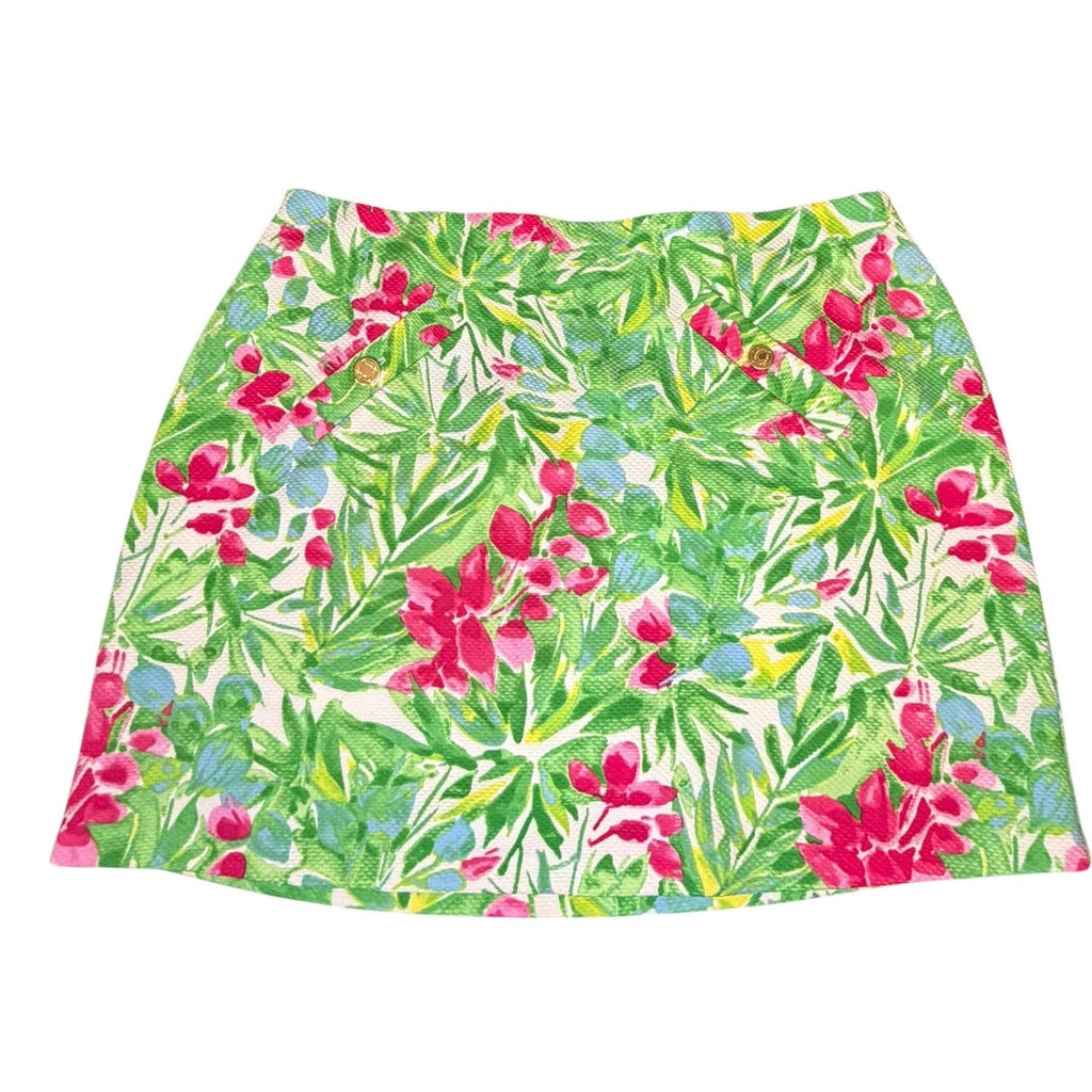 Pappagallo Tropical Floral Skort Pink Green Gold Buttons