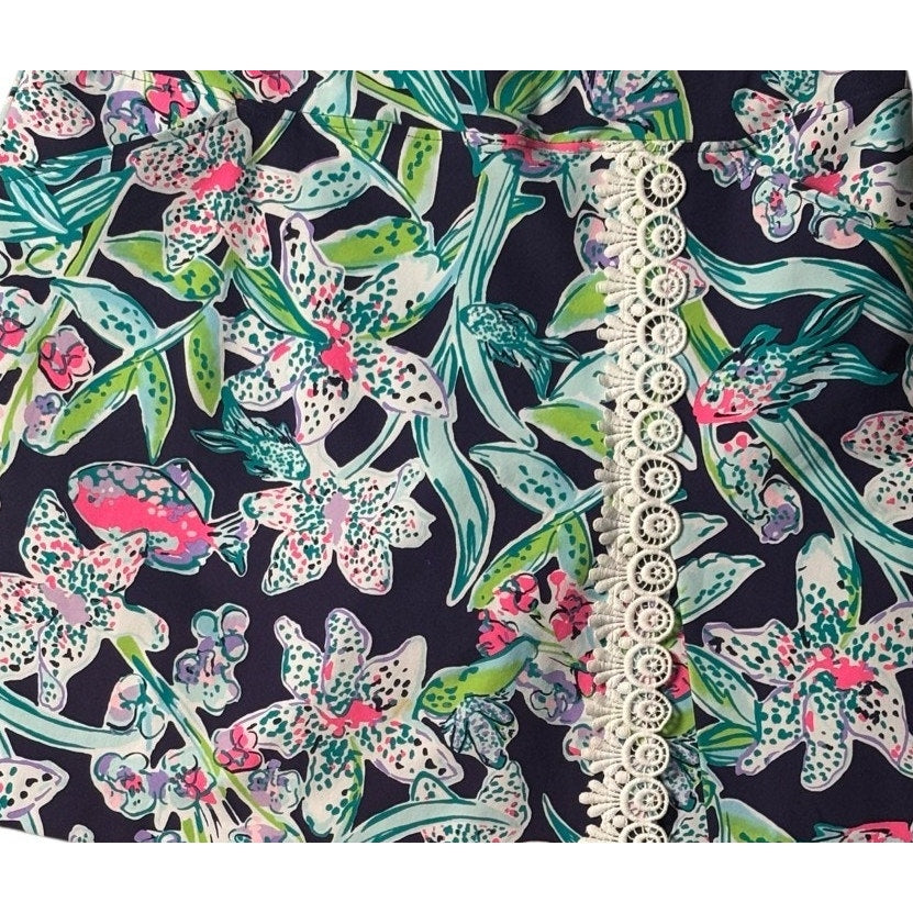 Lilly Pulitzer Floral Lace Trim Skort Women 16 Navy Pink Tropical Mini Ski SKT05