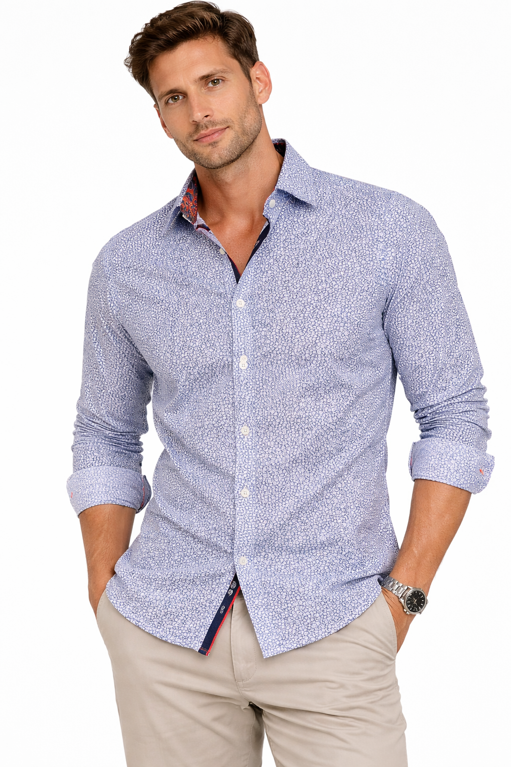 Men’s Floral Print Dress Shirt Long Sleeve Button Up Contrast Trim MN09