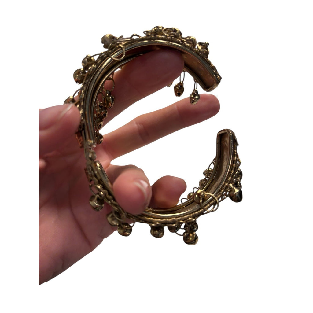 Tribal Boho Cuff Bracelet Gold Tone Jingle Bell Dangle Statement Festival Jewelr