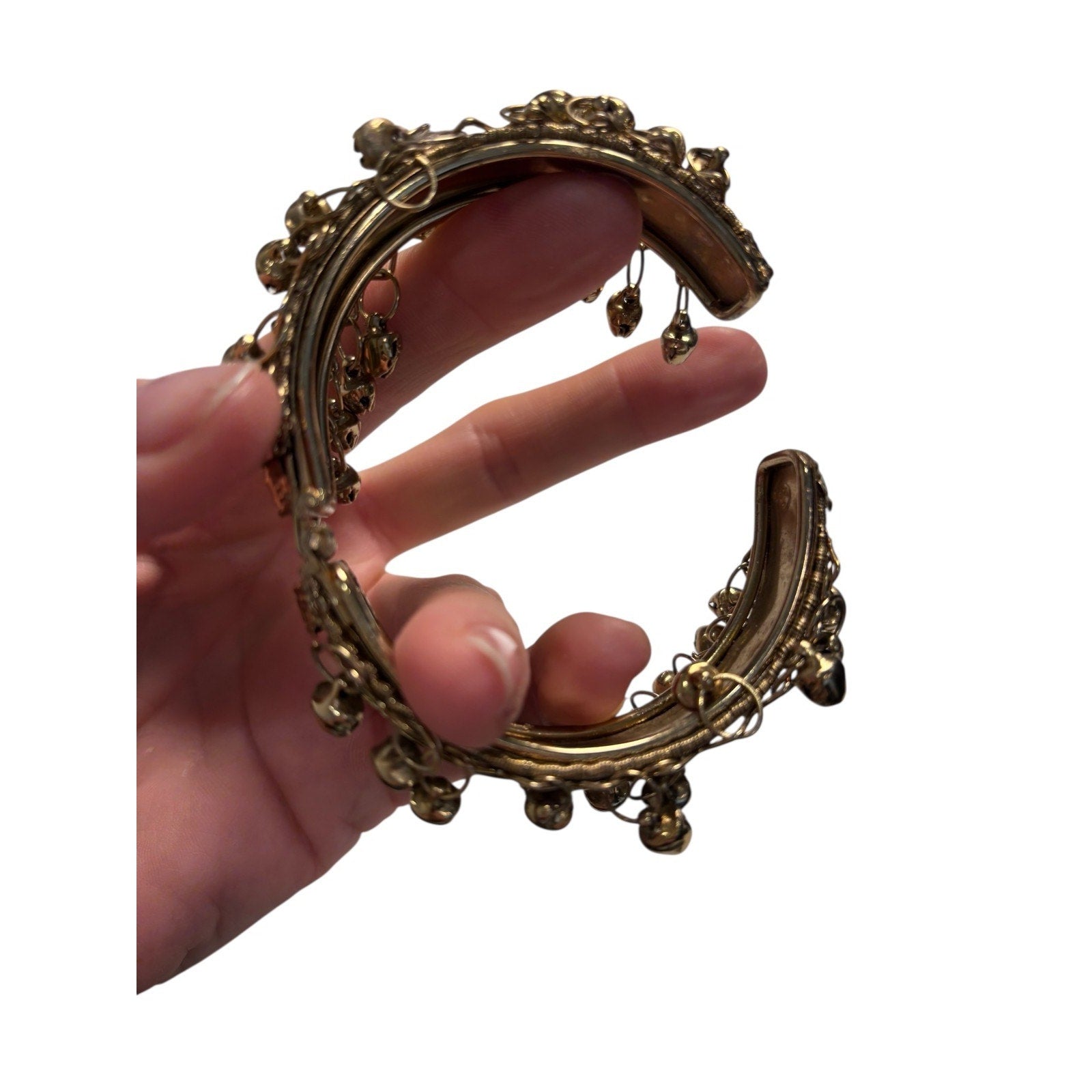 Tribal Boho Cuff Bracelet Gold Tone Jingle Bell Dangle Statement Festival Jewelr