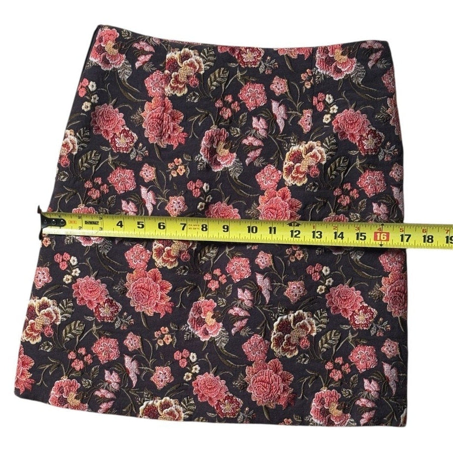 Women’s Floral Jacquard Mini Skirt Black Pink Tapestry Brocade A-Line 0P