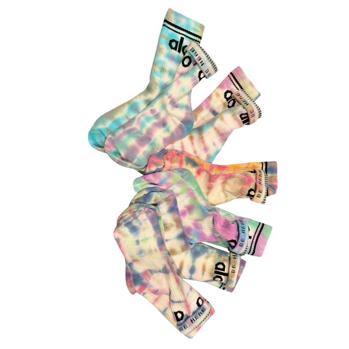 ALO Yoga 5 Pack Hand Tie Dyed Crew Socks Pastel Rainbow
