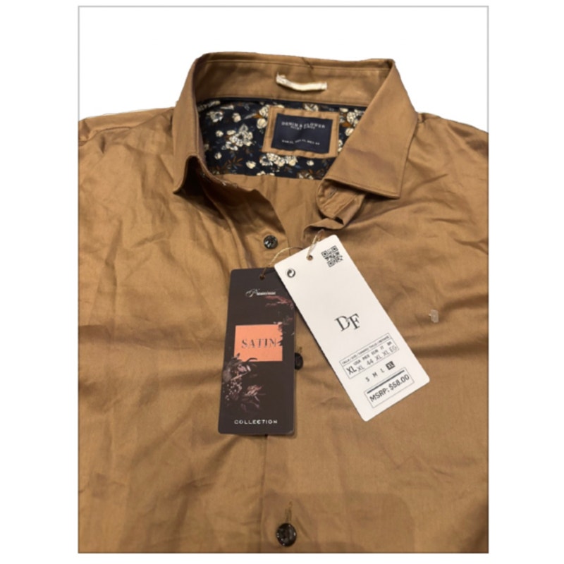 Denim & Flower Ricky Singh XL 44 Satin Button Up Shirt Brown Floral Trim NWT