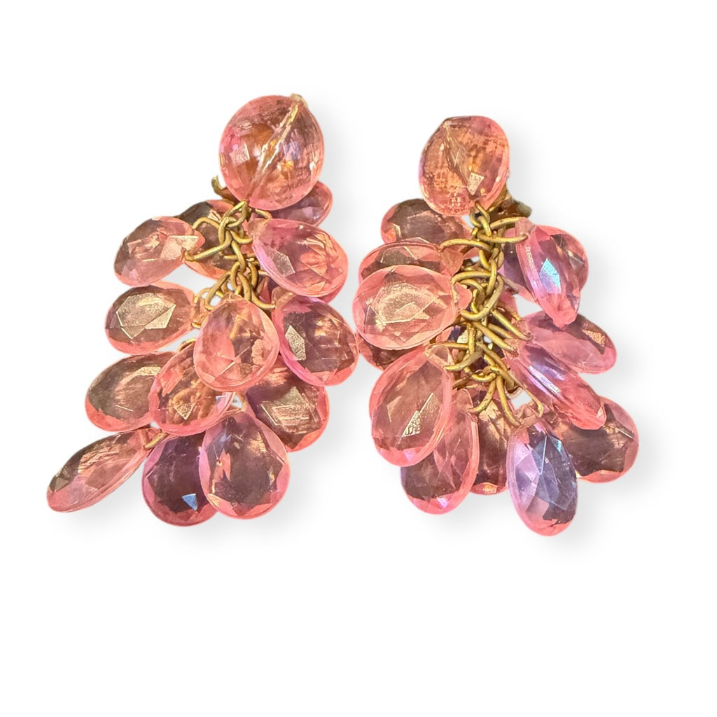 Vintage Made in Germany Pink Faceted Bead Cluster Clip Earrings