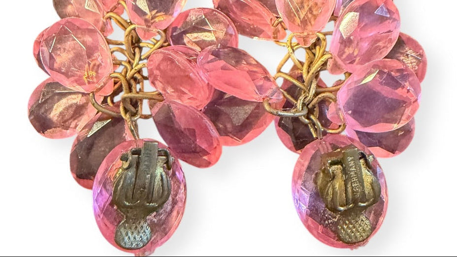 Vintage Made in Germany Pink Faceted Bead Cluster Clip Earrings