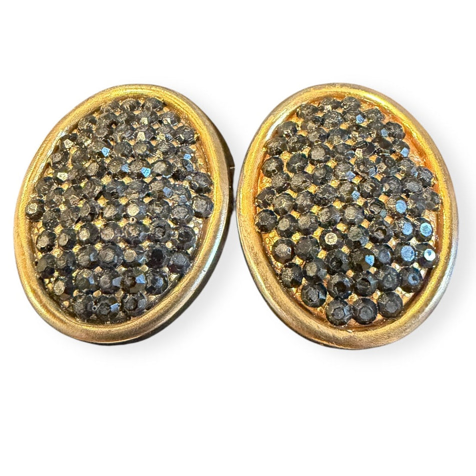Vintage DIVA 1980s Black Rhinestone Pavé Oval Clip Earrings