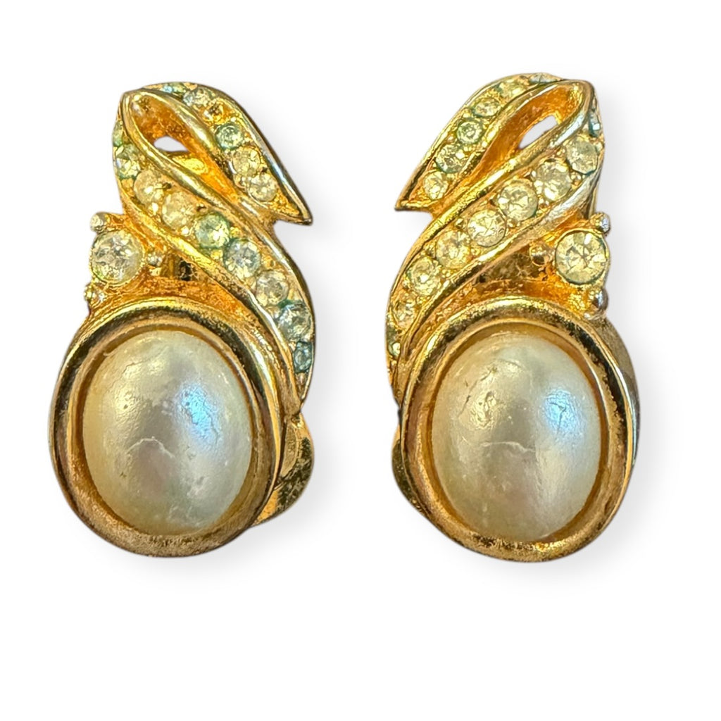 Vintage Christian Dior Faux Pearl Rhinestone Clip Earrings
