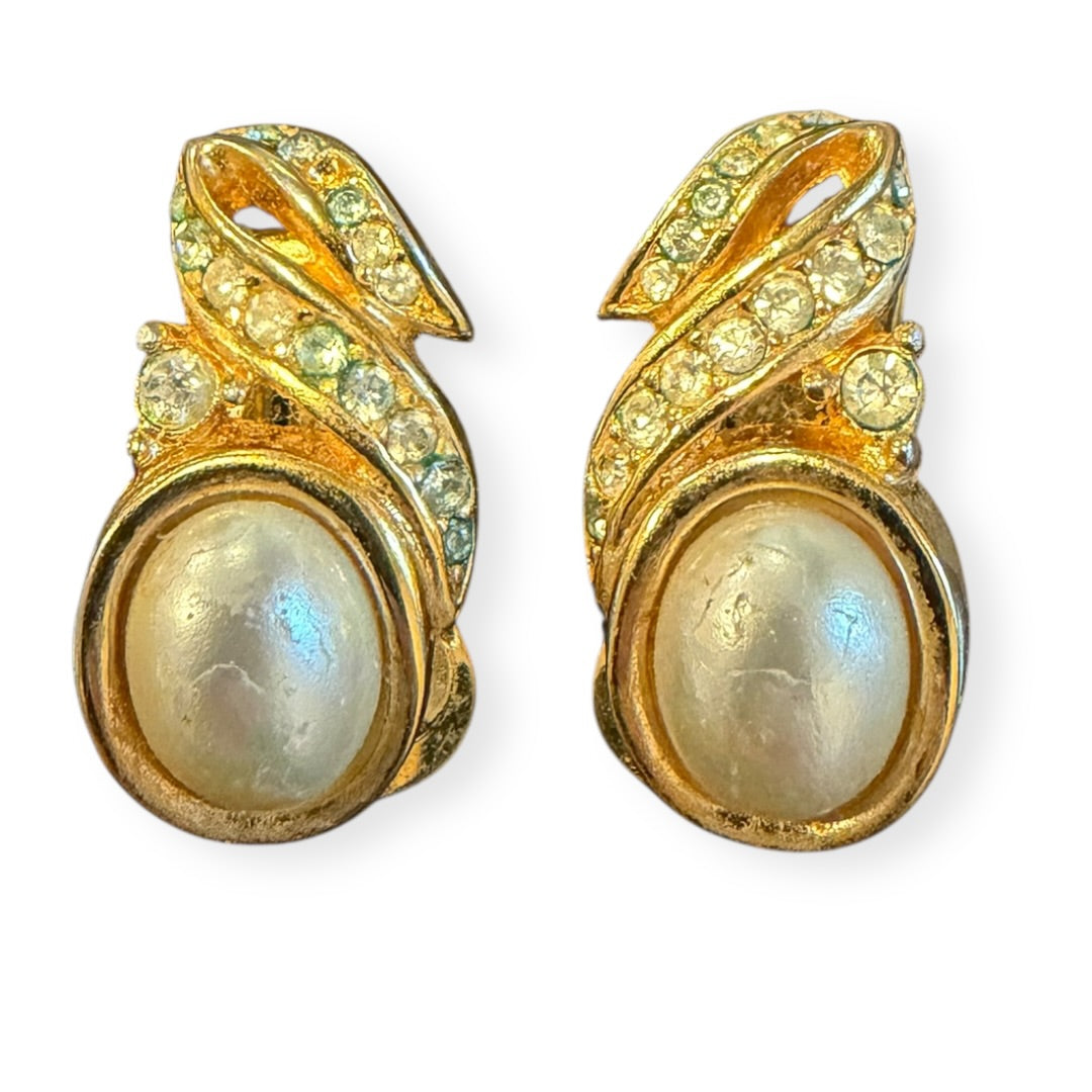 Vintage Christian Dior Faux Pearl Rhinestone Clip Earrings