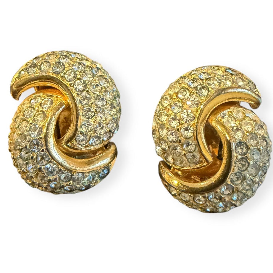 Vintage Christian Dior Gold Tone Rhinestone Swirl Clip Earrings