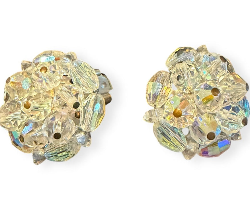 Vintage LAGUNA Aurora Borealis Crystal Cluster Clip Earrings