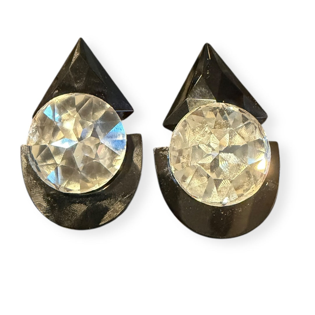 Vintage Wendy Gell Signed Huge Crystal Black Geometric Clip Earrings 1980s